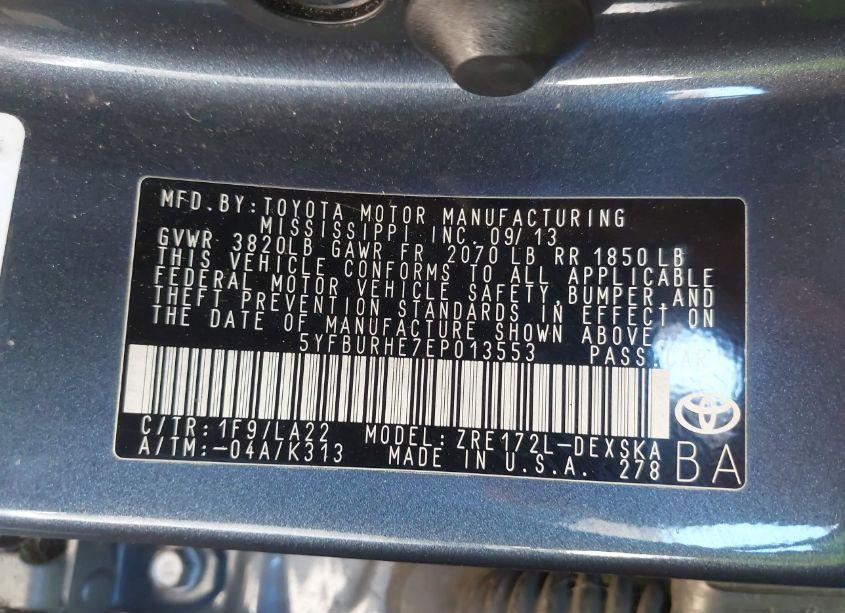 Photo 9 of 2014 Toyota Corolla L/LE/LE PLS/PRM/S/S PLS (VIN 5YFBURHE7EP013553)