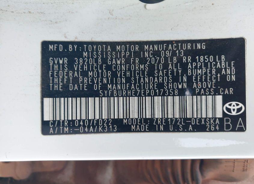 Photo 9 of 2014 Toyota Corolla S PLUS (VIN 5YFBURHE7EP017358)