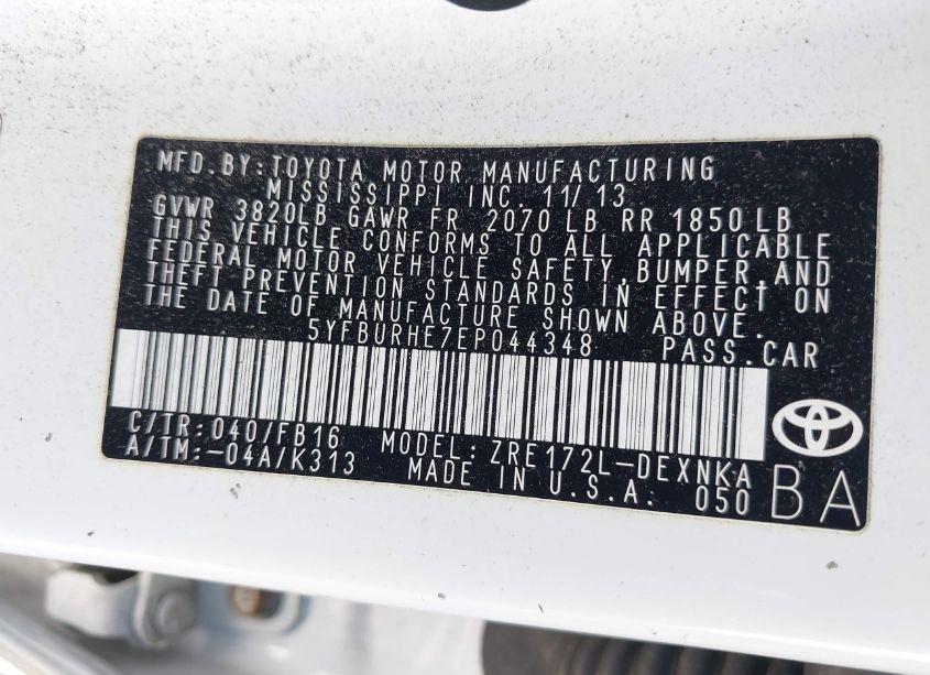 Photo 9 of 2014 Toyota Corolla LE (VIN 5YFBURHE7EP044348)