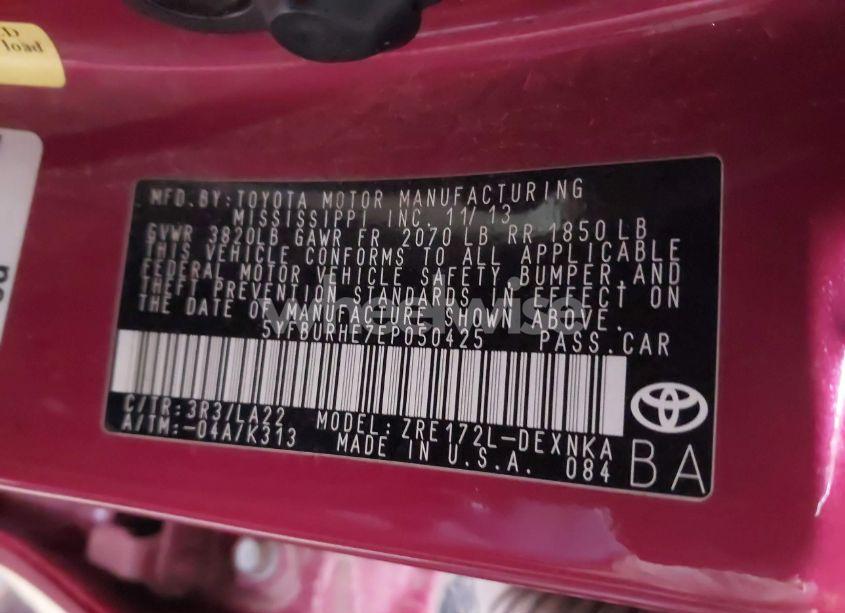 Photo 9 of 2014 Toyota Corolla L/LE/LE PLS/PRM/S/S PLS (VIN 5YFBURHE7EP050425)