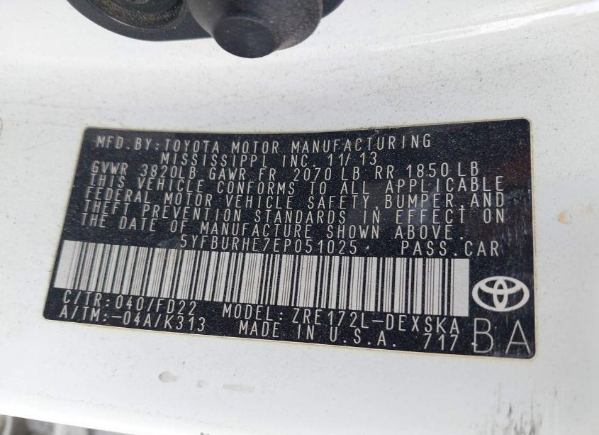 Photo 9 of 2014 Toyota Corolla L/LE/LE PLS/PRM/S/S PLS (VIN 5YFBURHE7EP051025)