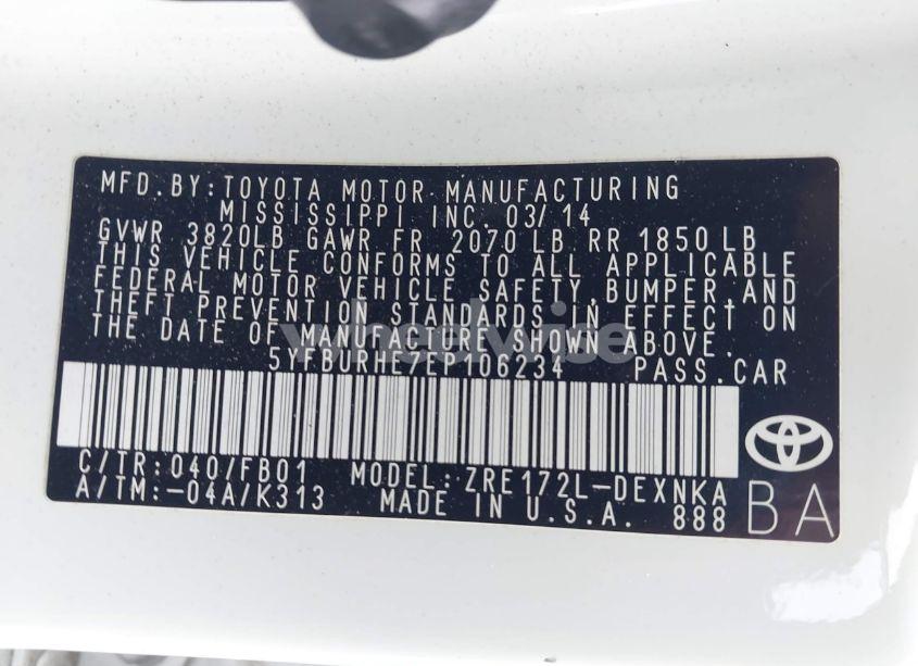 Photo 9 of 2014 Toyota Corolla LE (VIN 5YFBURHE7EP106234)