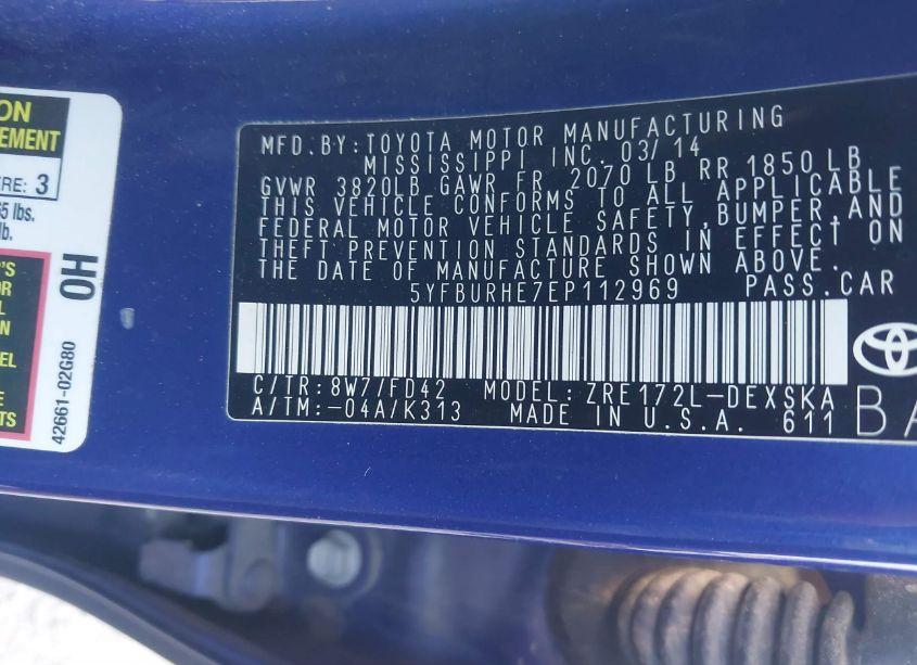 Photo 9 of 2014 Toyota Corolla L/LE/LE PLS/PRM/S/S PLS (VIN 5YFBURHE7EP112969)