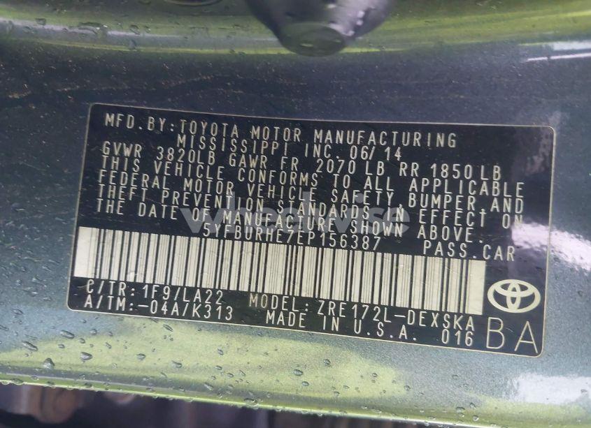 Photo 9 of 2014 Toyota Corolla L/LE/LE PLS/PRM/S/S PLS (VIN 5YFBURHE7EP156387)