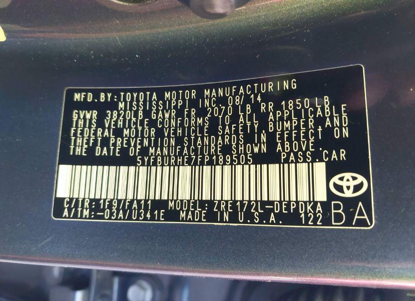 Photo 9 of 2015 Toyota Corolla L (VIN 5YFBURHE7FP189505)