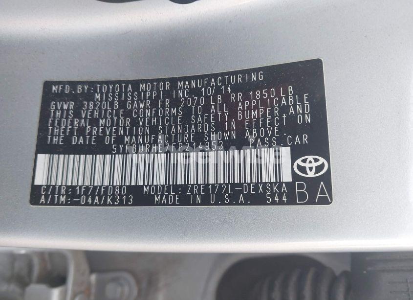 Photo 9 of 2015 Toyota Corolla L/LE/LE PLS/PRM/S/S PLS (VIN 5YFBURHE7FP214953)