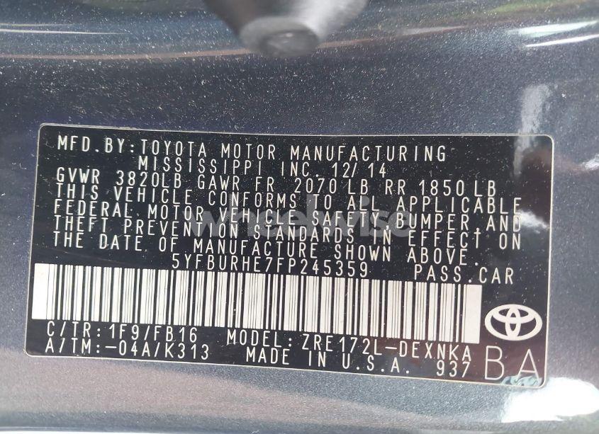 Photo 9 of 2015 Toyota Corolla L/LE/LE PLUS/LE PREMIUM/S/S PLUS/S PREMIUM (VIN 5YFBURHE7FP245359)