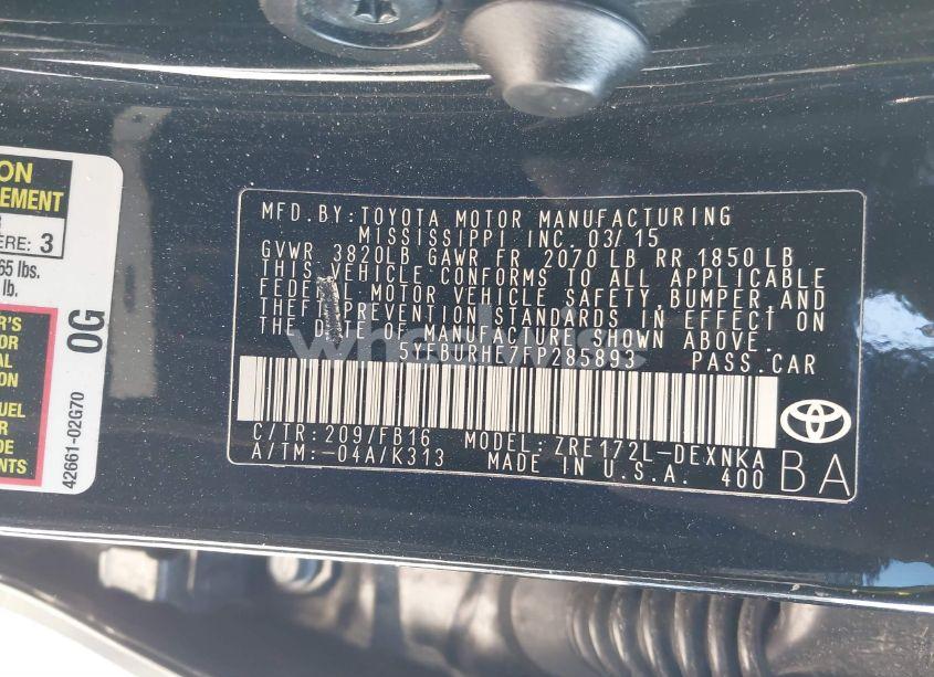 Photo 9 of 2015 Toyota Corolla LE (VIN 5YFBURHE7FP285893)