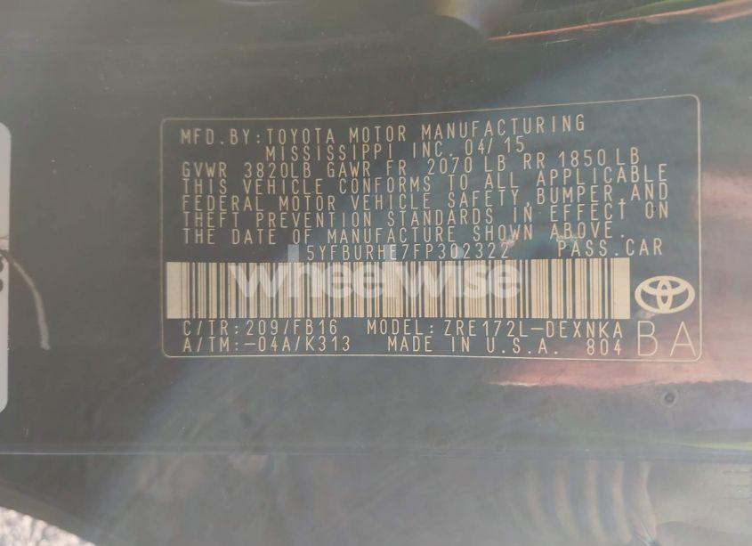 Photo 9 of 2015 Toyota Corolla LE (VIN 5YFBURHE7FP302322)