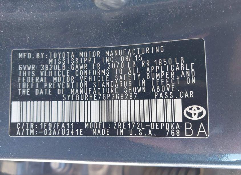 Photo 9 of 2016 Toyota Corolla L (VIN 5YFBURHE7GP368287)