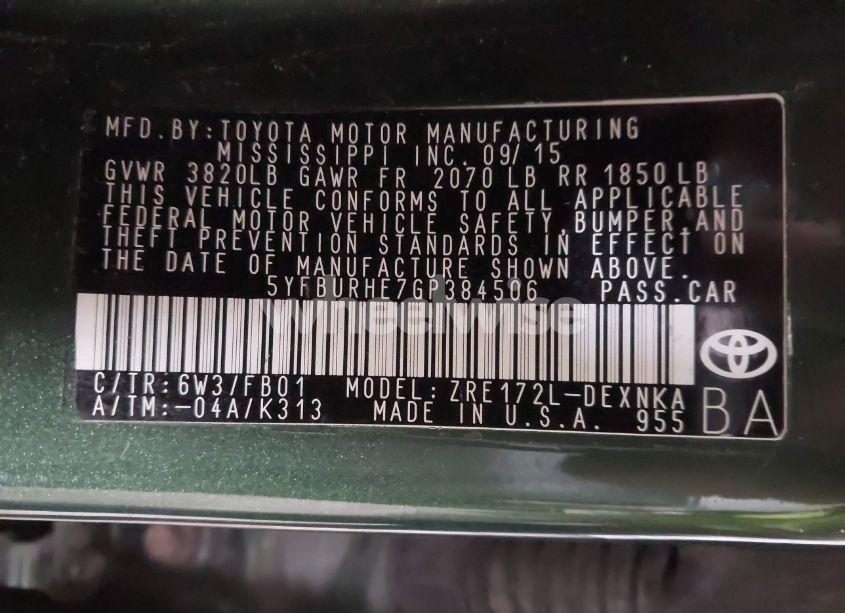 Photo 9 of 2016 Toyota Corolla L/LE/LE PLS/PRM/S/S PLS (VIN 5YFBURHE7GP384506)