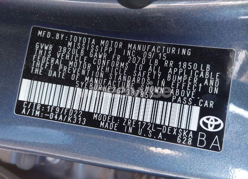 Photo 9 of 2016 Toyota Corolla S PLUS (VIN 5YFBURHE7GP387857)