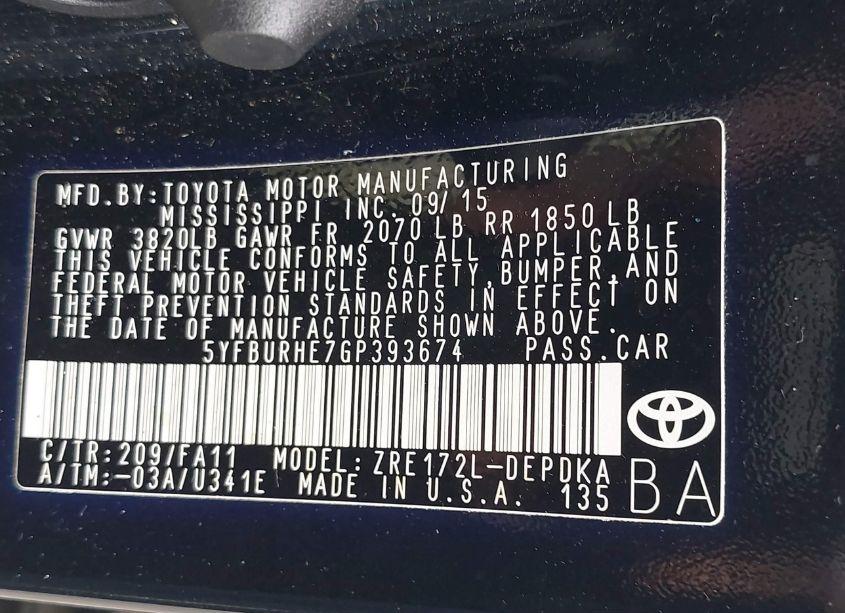 Photo 9 of 2016 Toyota Corolla L (VIN 5YFBURHE7GP393674)