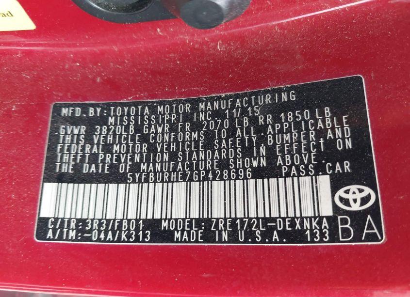 Photo 9 of 2016 Toyota Corolla LE (VIN 5YFBURHE7GP428696)