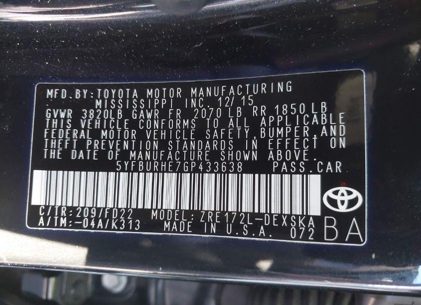 Photo 9 of 2016 Toyota Corolla S (VIN 5YFBURHE7GP433638)