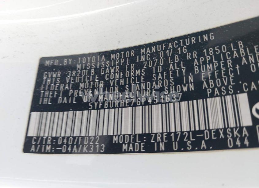 Photo 9 of 2016 Toyota Corolla S PLUS (VIN 5YFBURHE7GP451637)