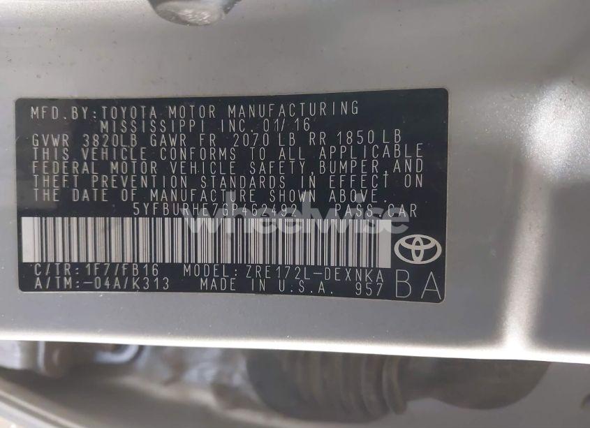 Photo 9 of 2016 Toyota Corolla LE (VIN 5YFBURHE7GP462492)