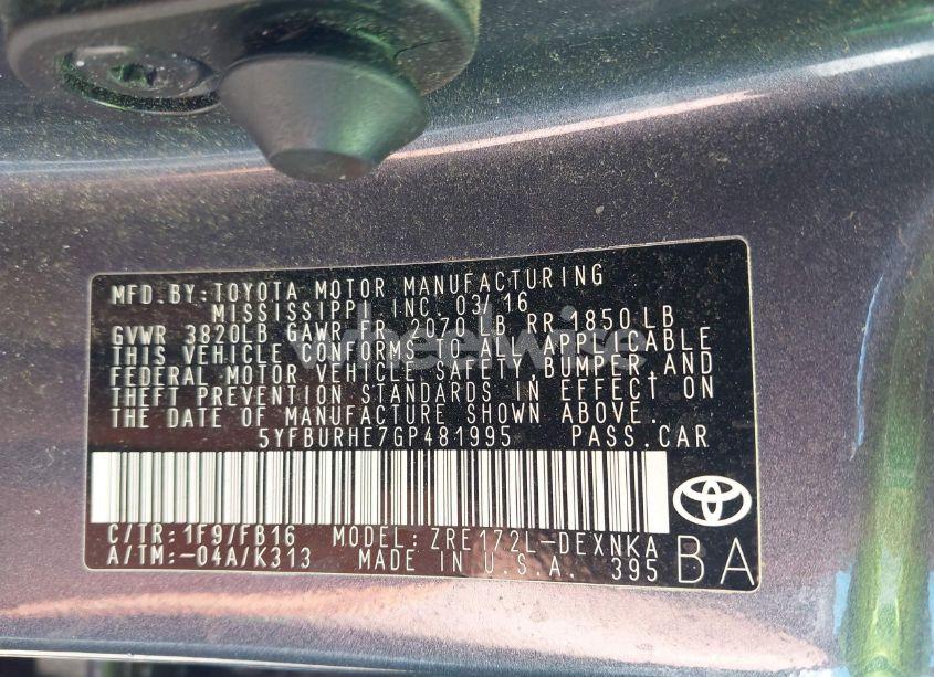 Photo 9 of 2016 Toyota Corolla LE (VIN 5YFBURHE7GP481995)