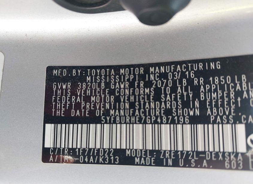 Photo 9 of 2016 Toyota Corolla S PLUS (VIN 5YFBURHE7GP487196)