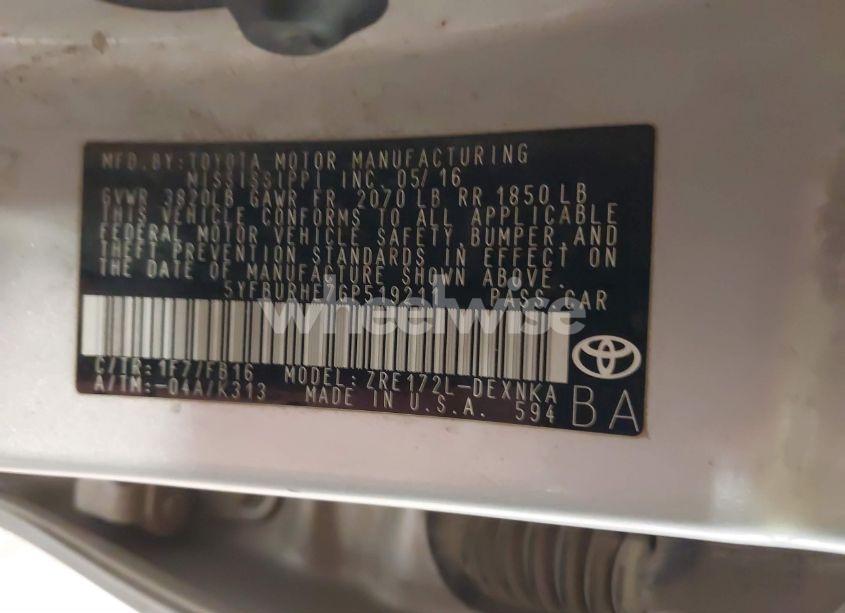 Photo 9 of 2016 Toyota Corolla LE (VIN 5YFBURHE7GP519211)