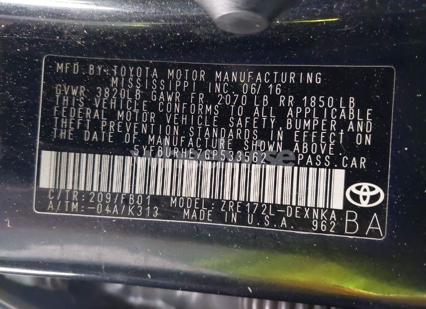 Photo 9 of 2016 Toyota Corolla LE (VIN 5YFBURHE7GP533562)