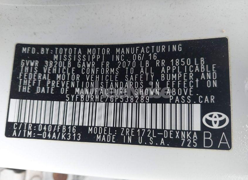 Photo 9 of 2016 Toyota Corolla LE (VIN 5YFBURHE7GP538289)