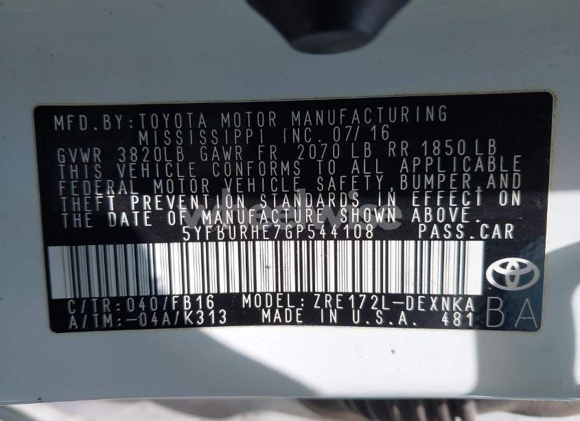 Photo 9 of 2016 Toyota Corolla LE (VIN 5YFBURHE7GP544108)