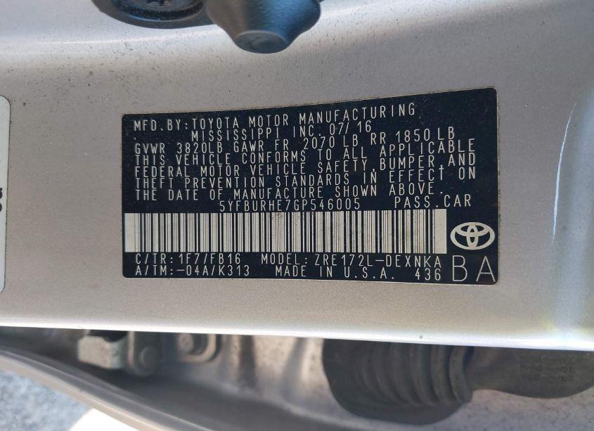 Photo 9 of 2016 Toyota Corolla LE (VIN 5YFBURHE7GP546005)