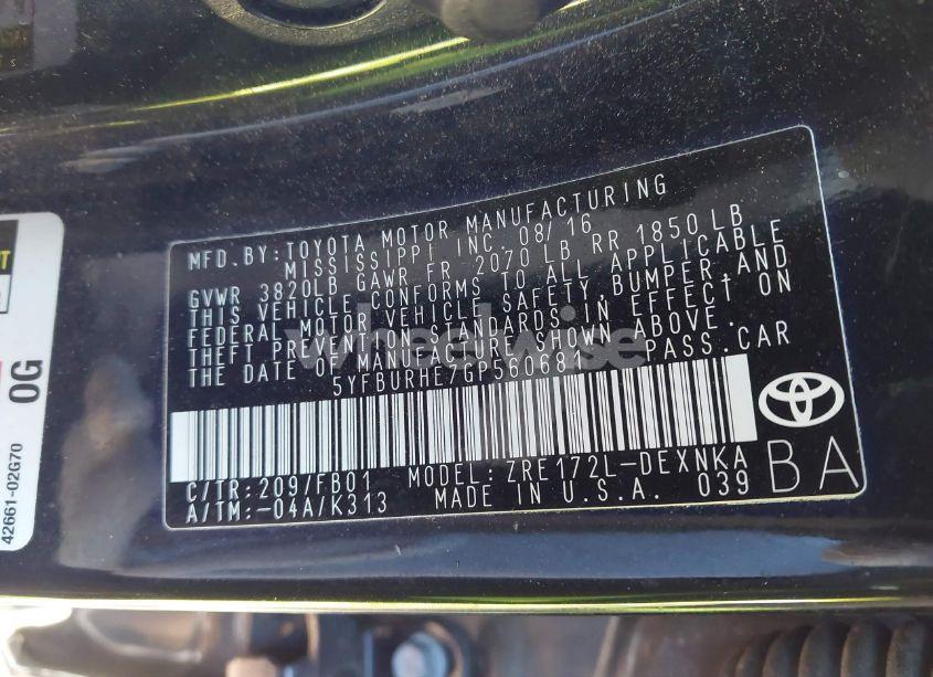 Photo 9 of 2016 Toyota Corolla LE (VIN 5YFBURHE7GP560681)