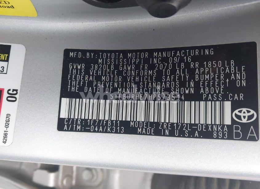 Photo 9 of 2017 Toyota Corolla LE (VIN 5YFBURHE7HP573514)