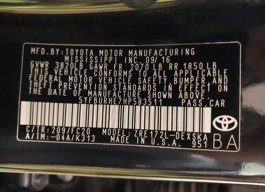 Photo 9 of 2017 Toyota Corolla SE (VIN 5YFBURHE7HP583511)