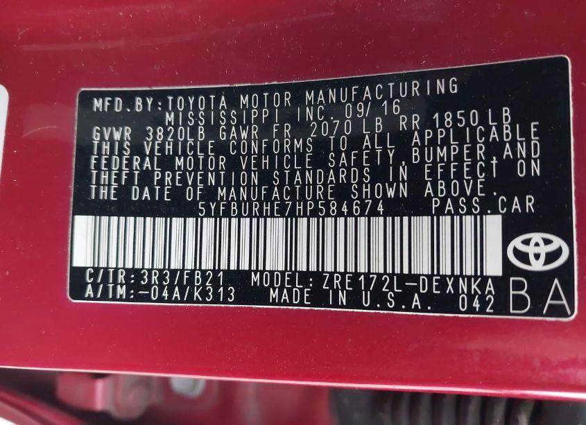 Photo 9 of 2017 Toyota Corolla LE (VIN 5YFBURHE7HP584674)