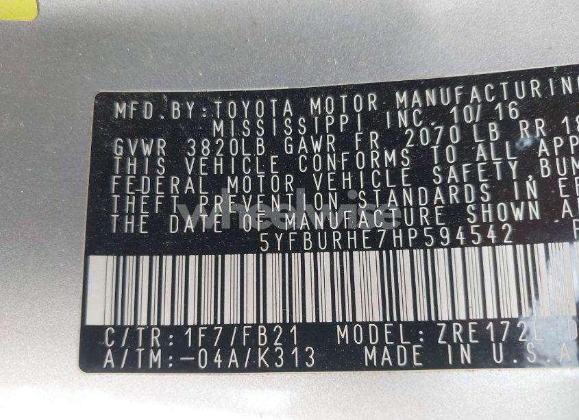 Photo 9 of 2017 Toyota Corolla LE (VIN 5YFBURHE7HP594542)