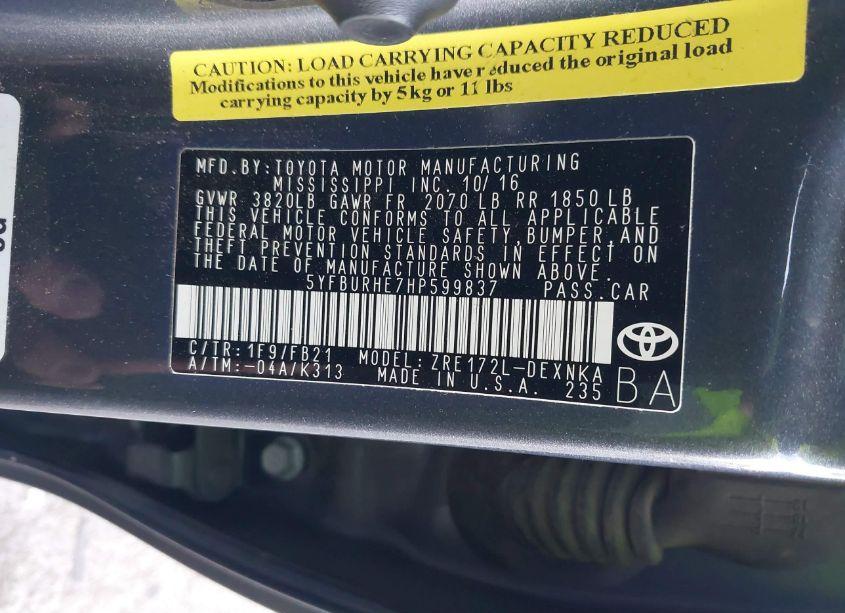 Photo 9 of 2017 Toyota Corolla LE (VIN 5YFBURHE7HP599837)