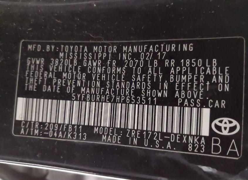 Photo 9 of 2017 Toyota Corolla LE (VIN 5YFBURHE7HP653511)