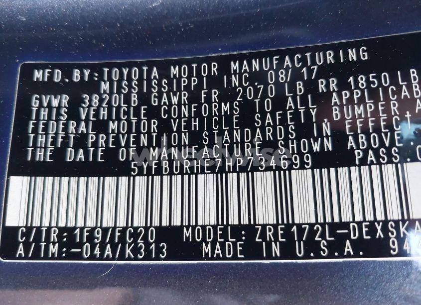 Photo 9 of 2017 Toyota Corolla SE (VIN 5YFBURHE7HP734699)