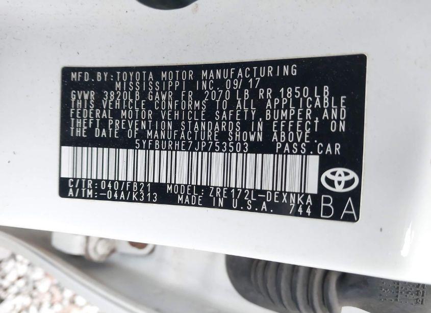 Photo 9 of 2018 Toyota Corolla LE (VIN 5YFBURHE7JP753503)