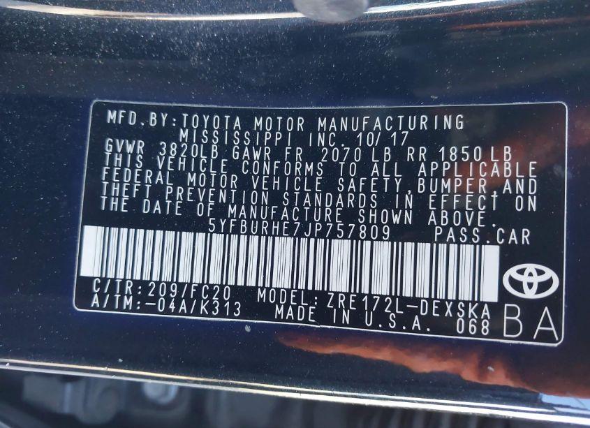 Photo 9 of 2018 Toyota Corolla SE (VIN 5YFBURHE7JP757809)