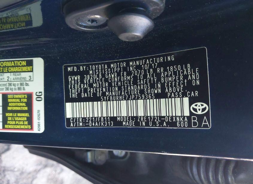 Photo 9 of 2018 Toyota Corolla LE (VIN 5YFBURHE7JP759365)