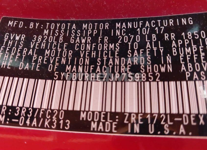 Photo 9 of 2018 Toyota Corolla SE (VIN 5YFBURHE7JP759852)