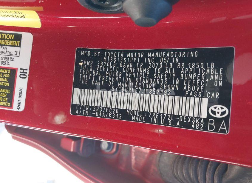 Photo 9 of 2018 Toyota Corolla SE (VIN 5YFBURHE7JP852192)