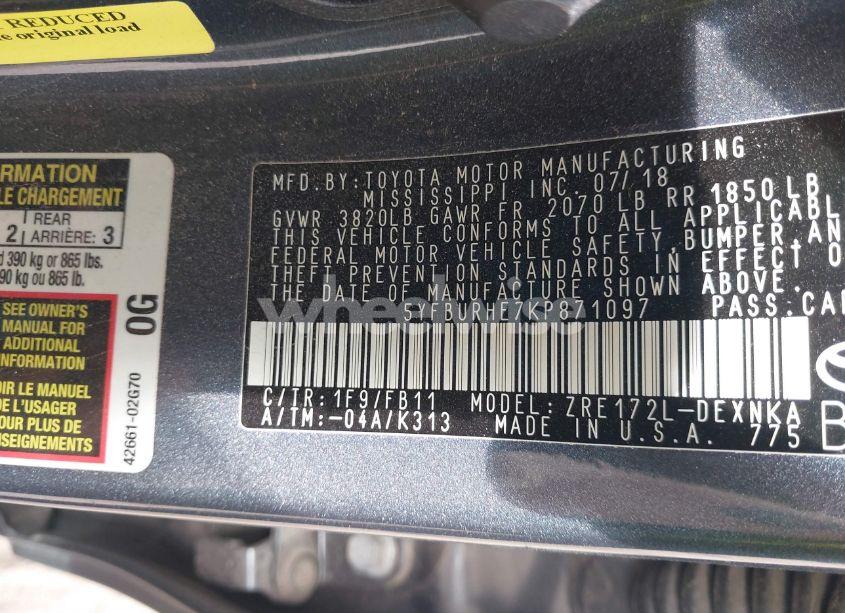 Photo 9 of 2019 Toyota Corolla LE (VIN 5YFBURHE7KP871097)