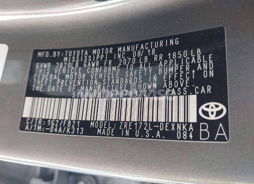 Photo 9 of 2019 Toyota Corolla LE (VIN 5YFBURHE7KP878972)