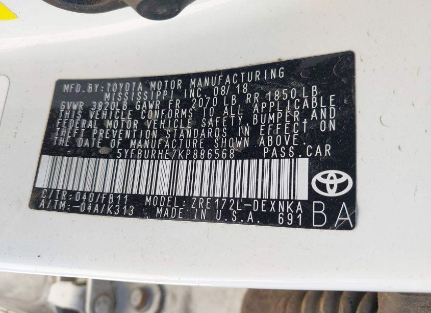 Photo 9 of 2019 Toyota Corolla LE (VIN 5YFBURHE7KP886568)