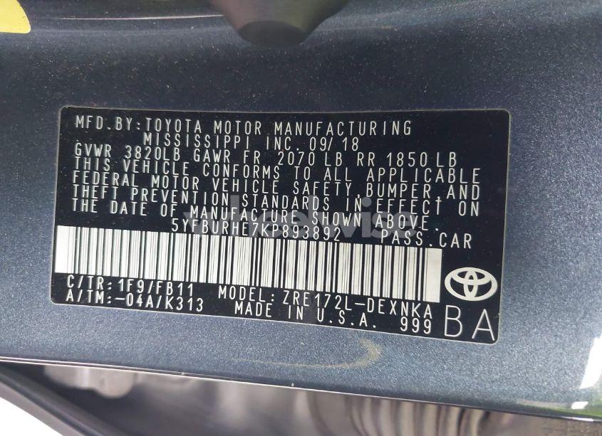 Photo 9 of 2019 Toyota Corolla LE (VIN 5YFBURHE7KP893892)