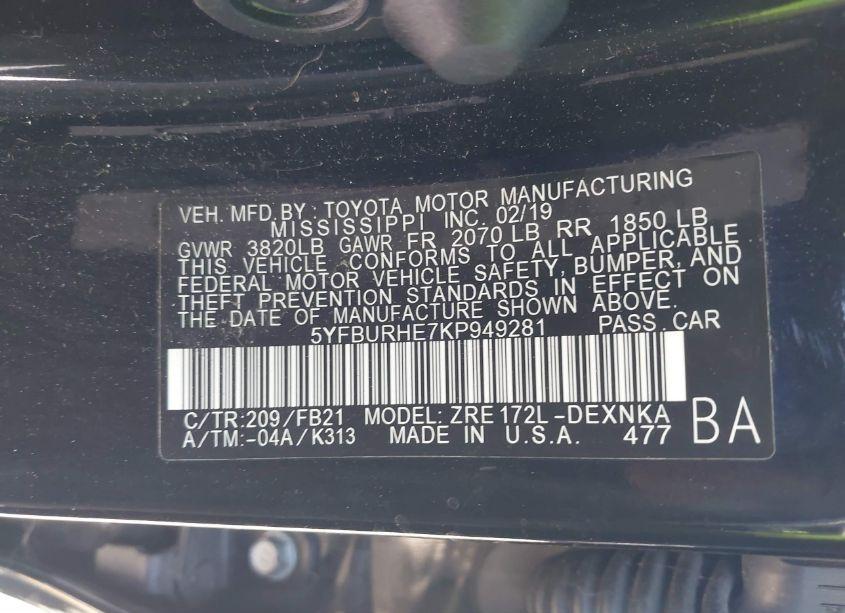Photo 9 of 2019 Toyota Corolla LE (VIN 5YFBURHE7KP949281)