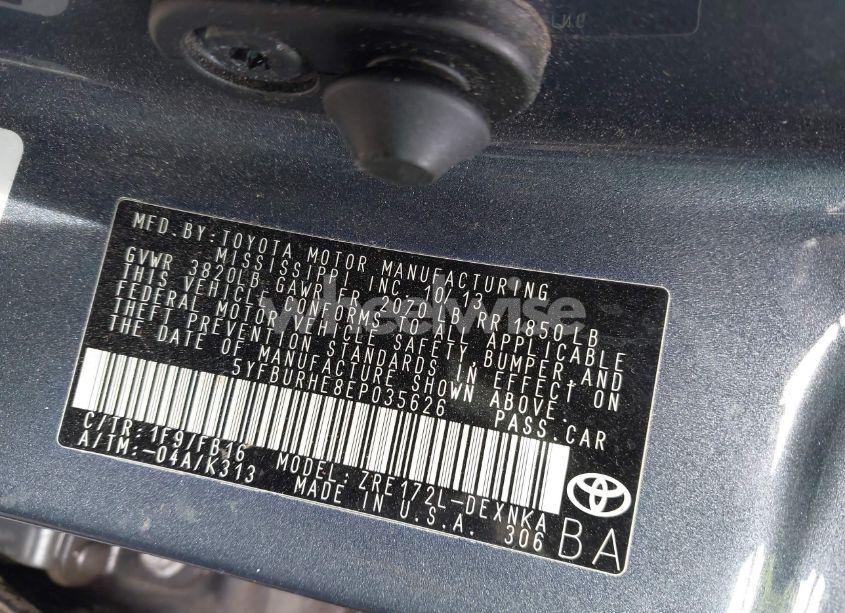 Photo 9 of 2014 Toyota Corolla LE (VIN 5YFBURHE8EP035626)