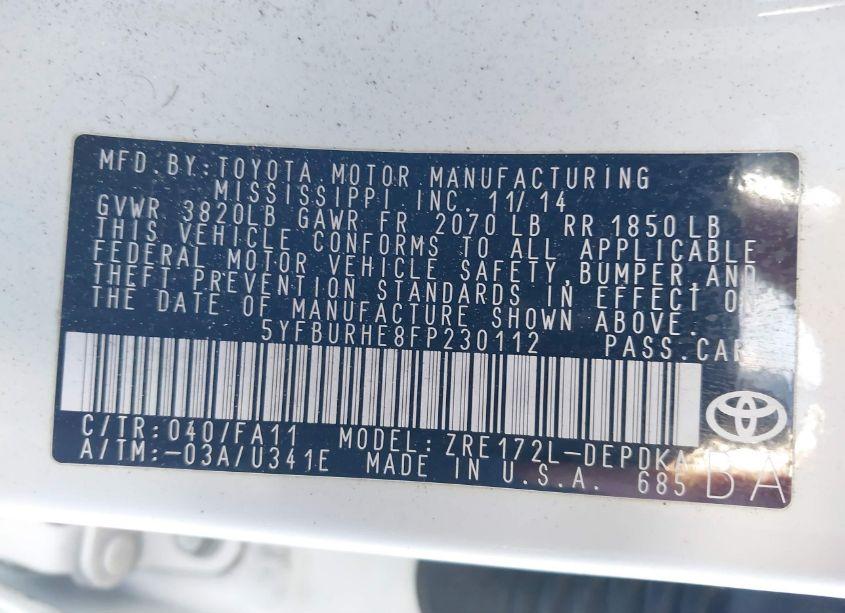 Photo 9 of 2015 Toyota Corolla L (VIN 5YFBURHE8FP230112)