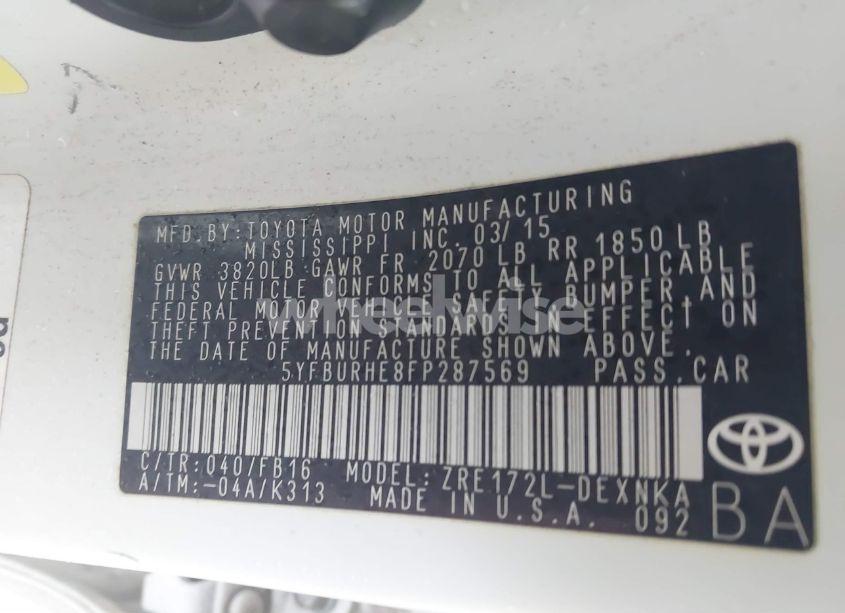 Photo 9 of 2015 Toyota Corolla L/LE/LE PLS/PRM/S/S PLS (VIN 5YFBURHE8FP287569)