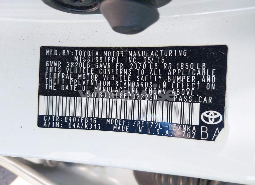 Photo 9 of 2015 Toyota Corolla L/LE/LE PLUS/LE PREMIUM/S/S PLUS/S PREMIUM (VIN 5YFBURHE8FP323230)